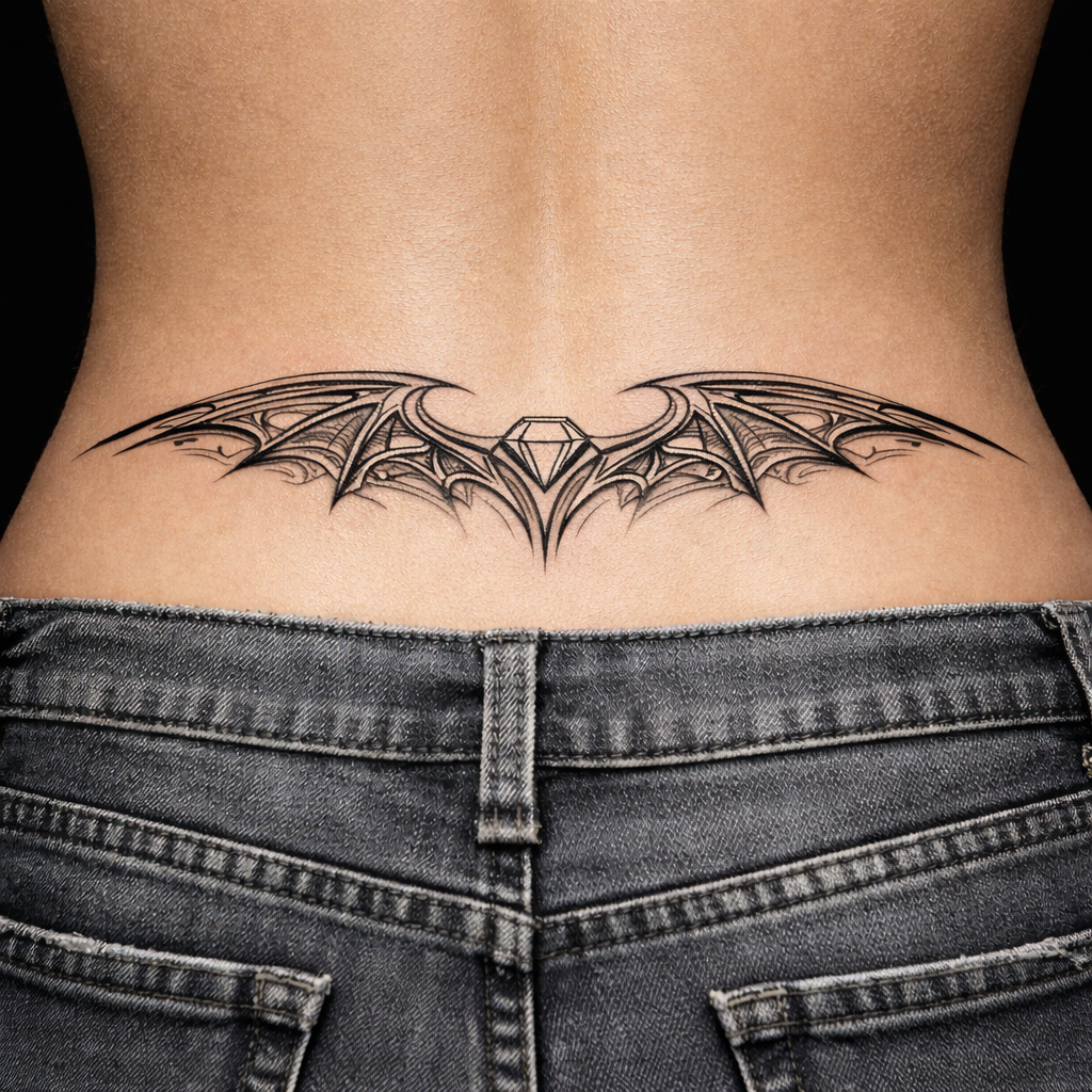 A high-contrast cyber sigilism tramp stamp tattoo on the lower back featuring a micro-realistic diamond centerpiece and sharp, aggressive fine lines above dark denim jeans.