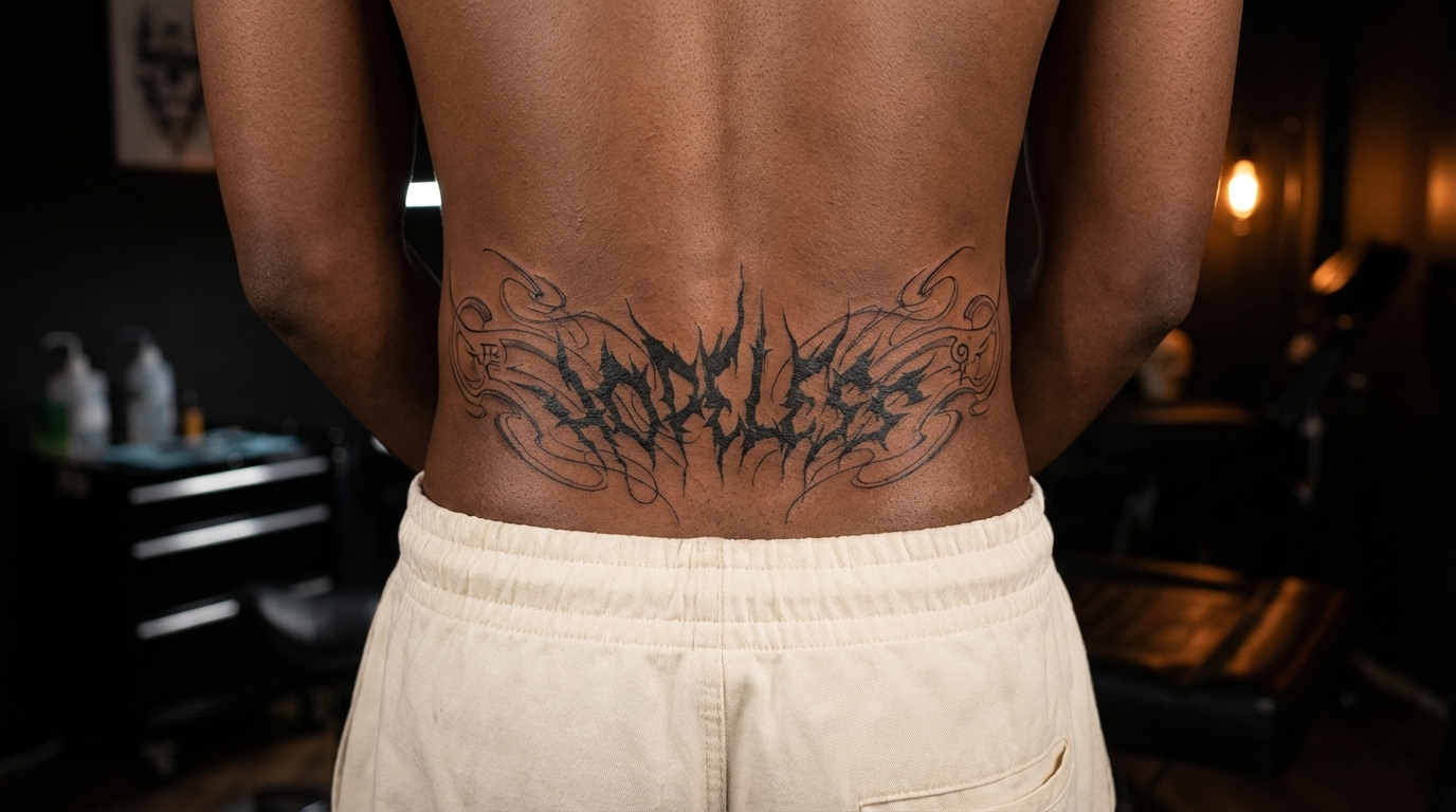 Cyber sigilism gothic lettering tattoo placed on the male lower back above white pants
