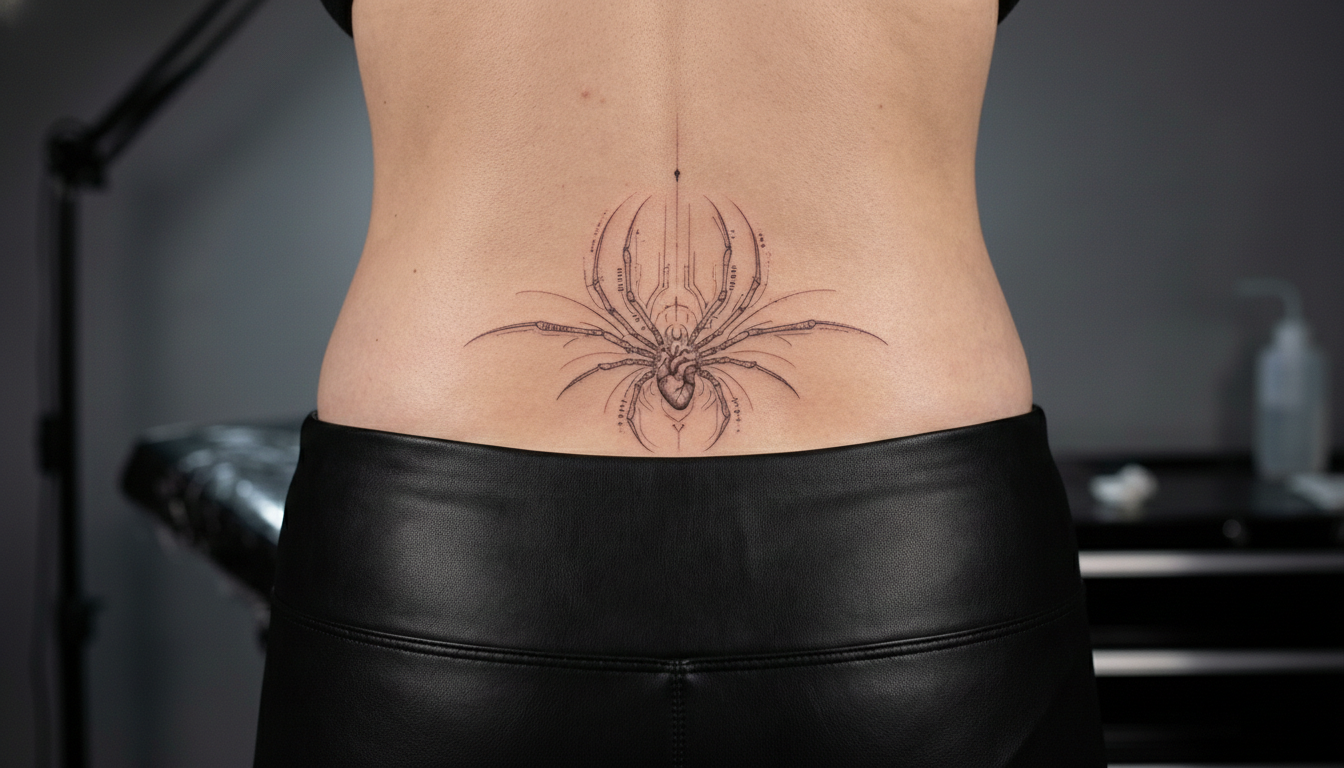 Fine line cyber sigilism spider tattoo centered on the lower back above black pants
