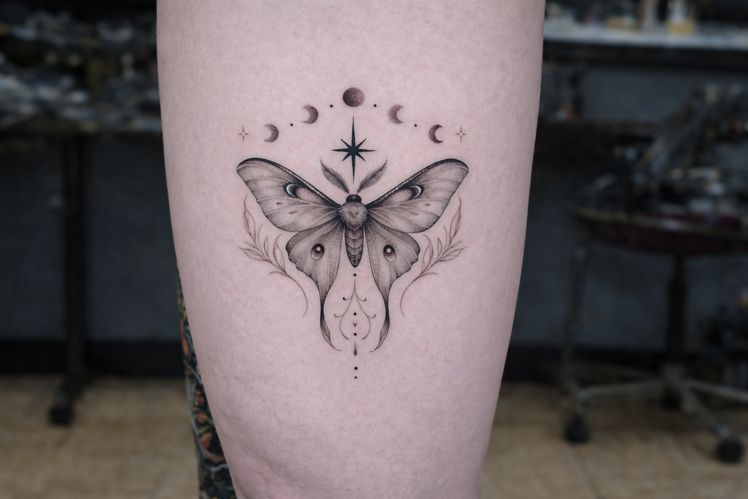 Fine line luna moth tattoo with moon phases and stars on leg, minimalist design Inknation Studio