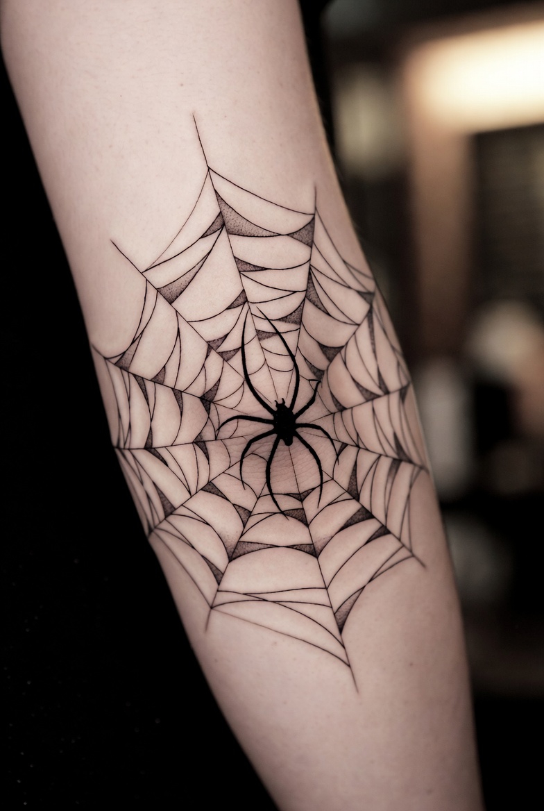 Fine line black widow spider tattoo on elbow with minimalist web, Inknation Studio