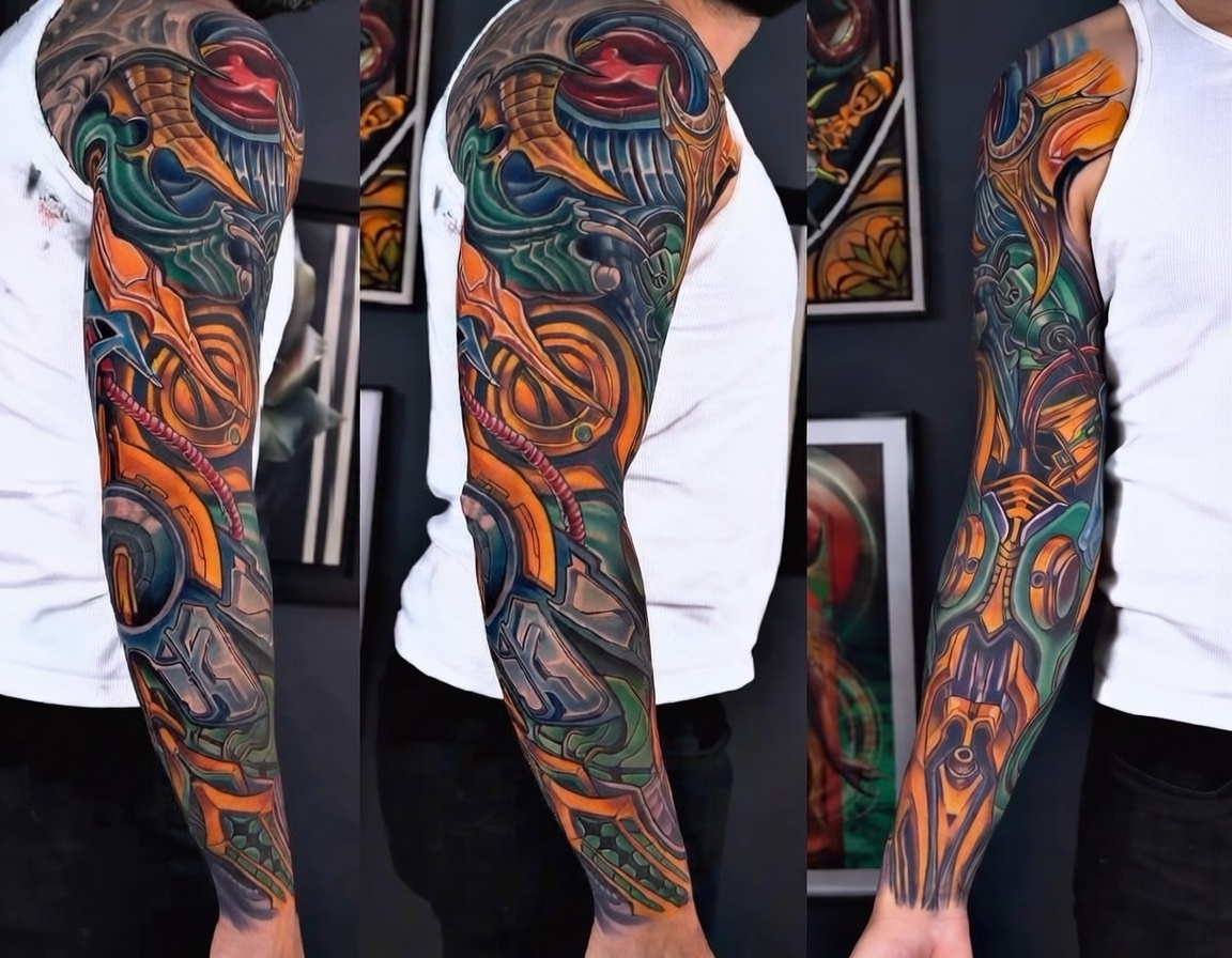 Full color biomechanical sleeve tattoo multi-angle view with machinery and torn panels, Inknation Studio