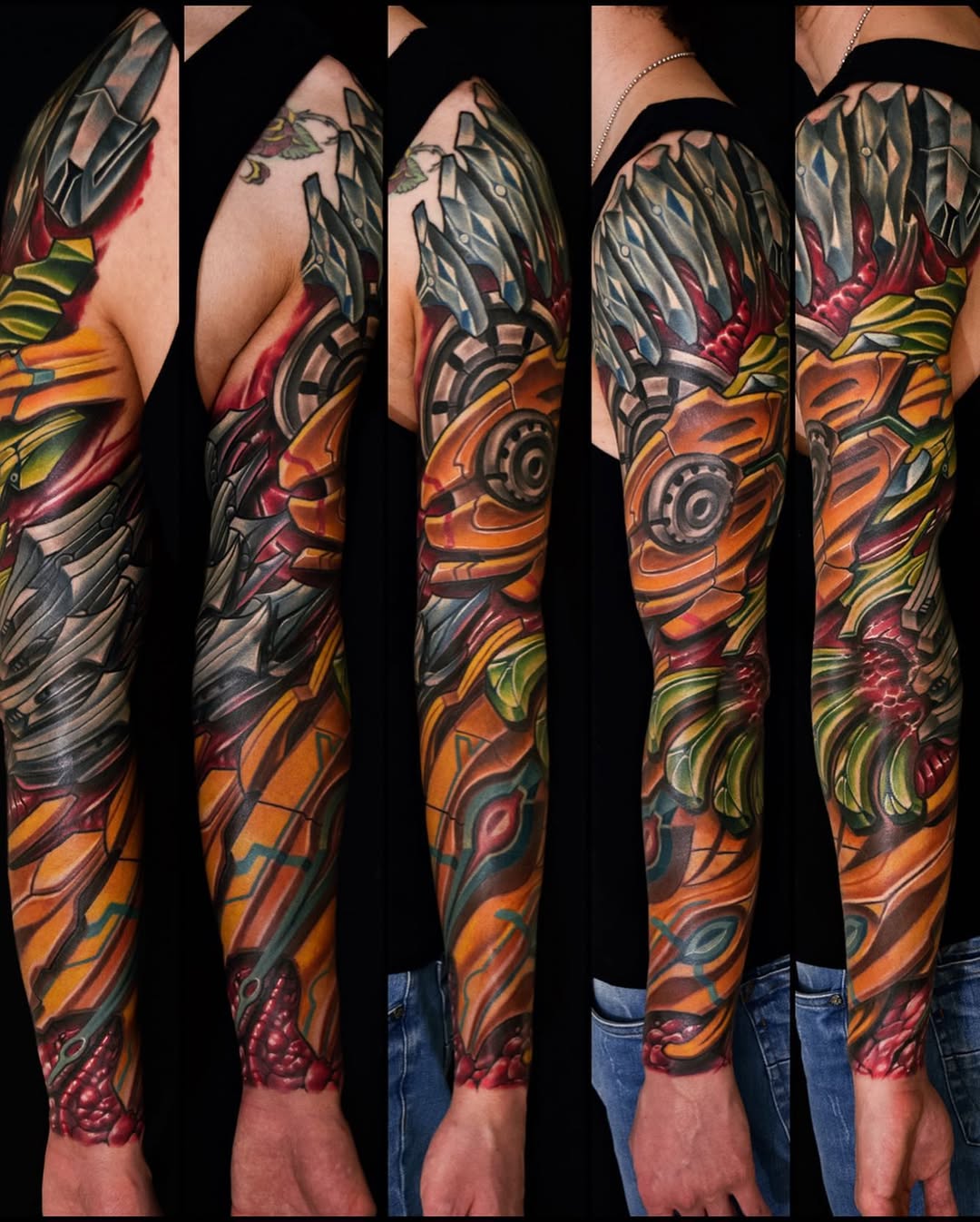 Full color biomechanical sleeve tattoo with torn skin and machinery reveal, Inknation Studio