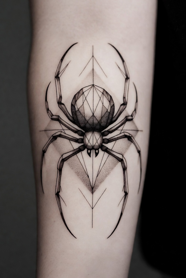 Geometric black widow spider tattoo on forearm with angular web, black and grey, Inknation Studio