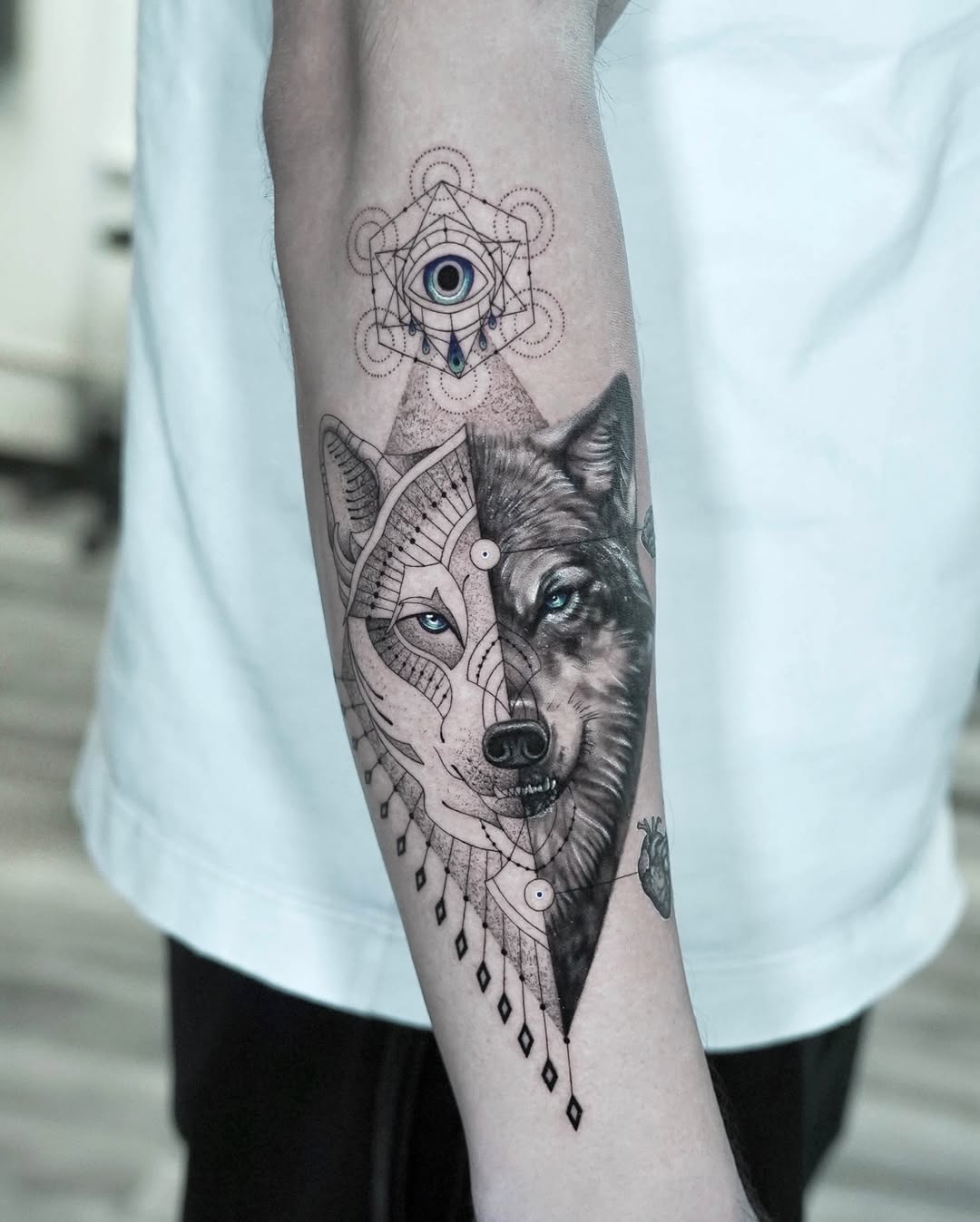 geometric half wolf forearm tattoo fine line.jpg tattoo by Inknation Studio NYC.realism-tattoo-arm