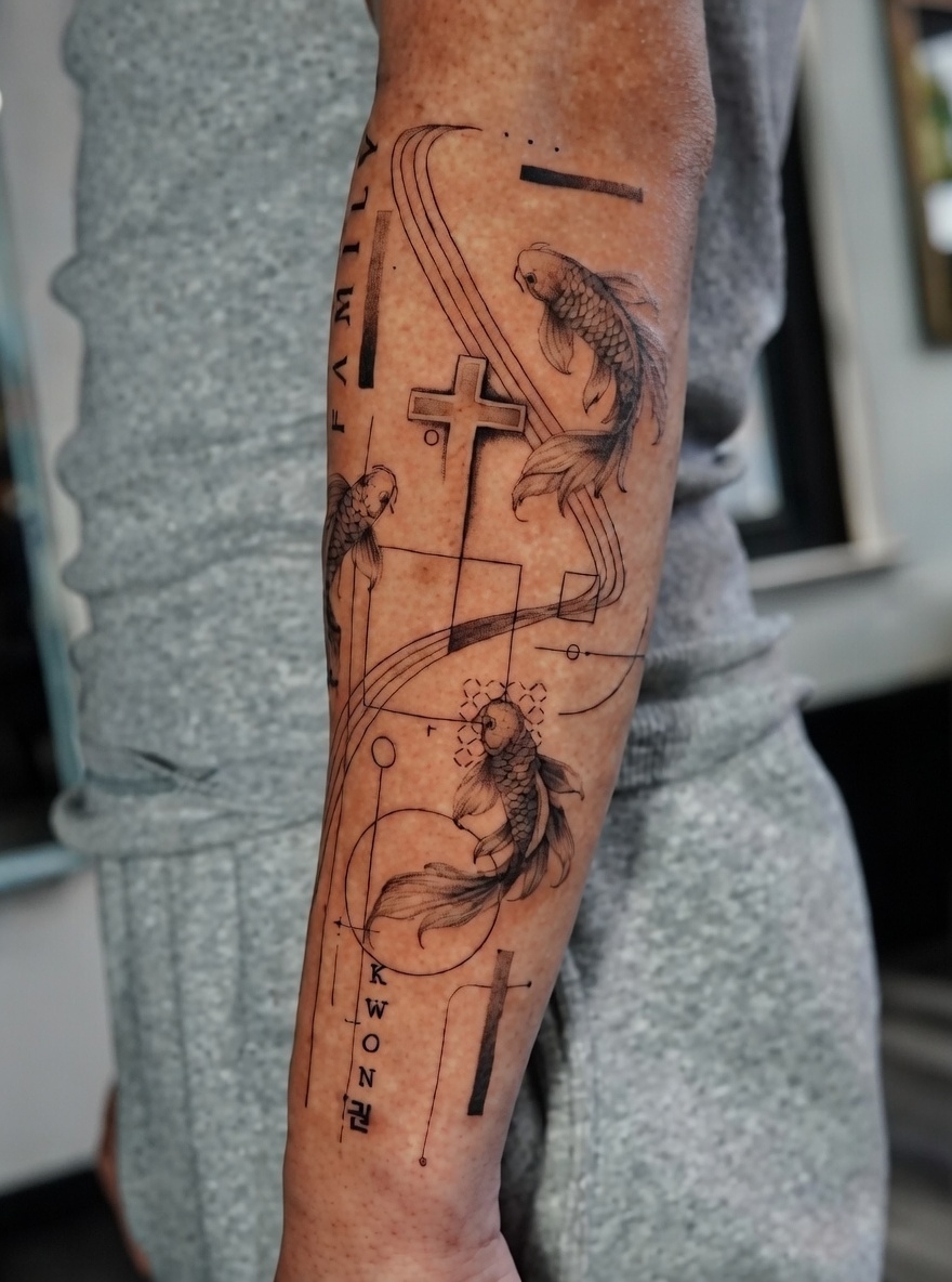 Geometric cross with koi fish tattoo on forearm, family symbolism, black and grey, Inknation Studio NYC