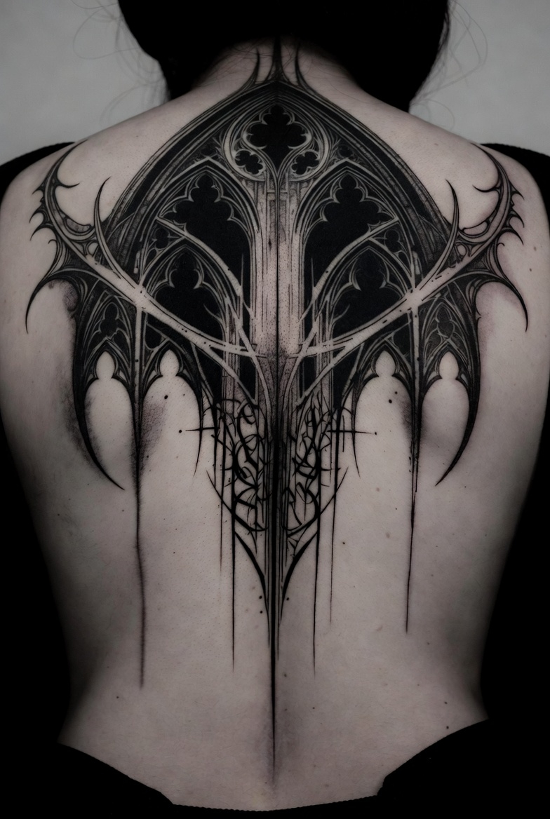 gothic cyber sigilism full back tattoo arches symmetry.jpg tattoo by Inknation Studio NYC.realism-tattoo-arm