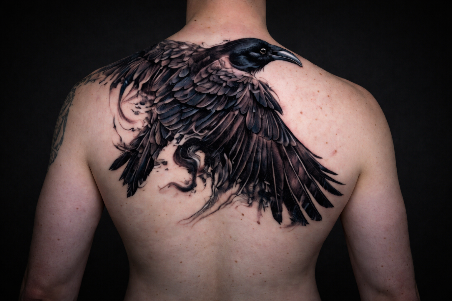 Large back raven tattoo with detailed wings spread – black and grey majestic bird design, Inknation Studio New York