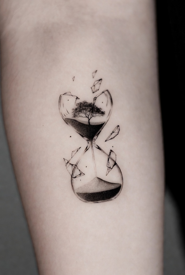 Minimalist broken hourglass tattoo with tree and shards on arm, black and grey fine line, Inknation Studio
