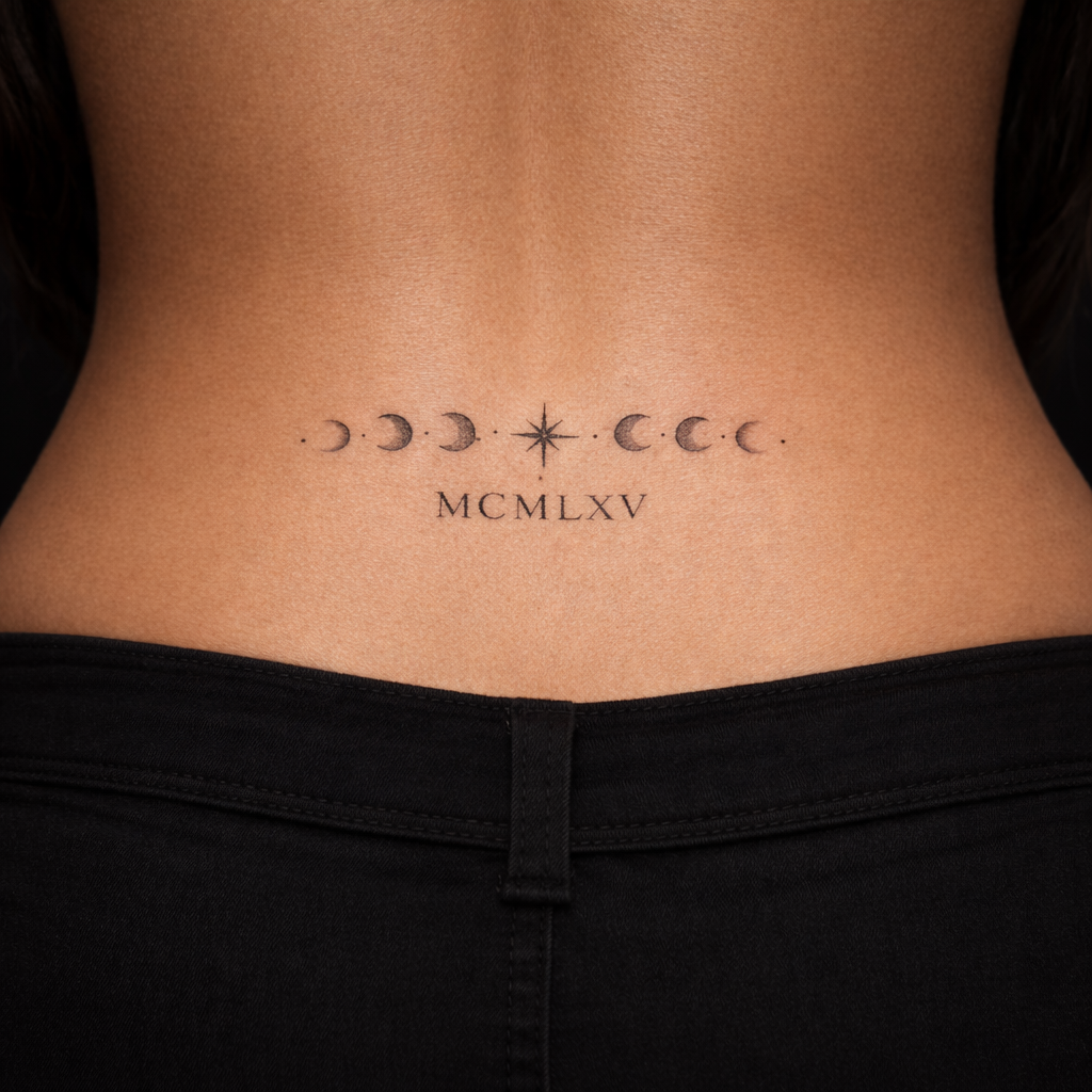 A delicate fine line tramp stamp tattoo on the lower back displaying the phases of the moon and Roman numerals centered on a woman with tanned skin.