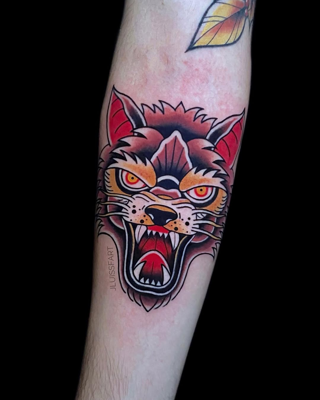 neo traditional colorful wolf tattoo.jpg tattoo by Inknation Studio NYC.realism-tattoo-arm