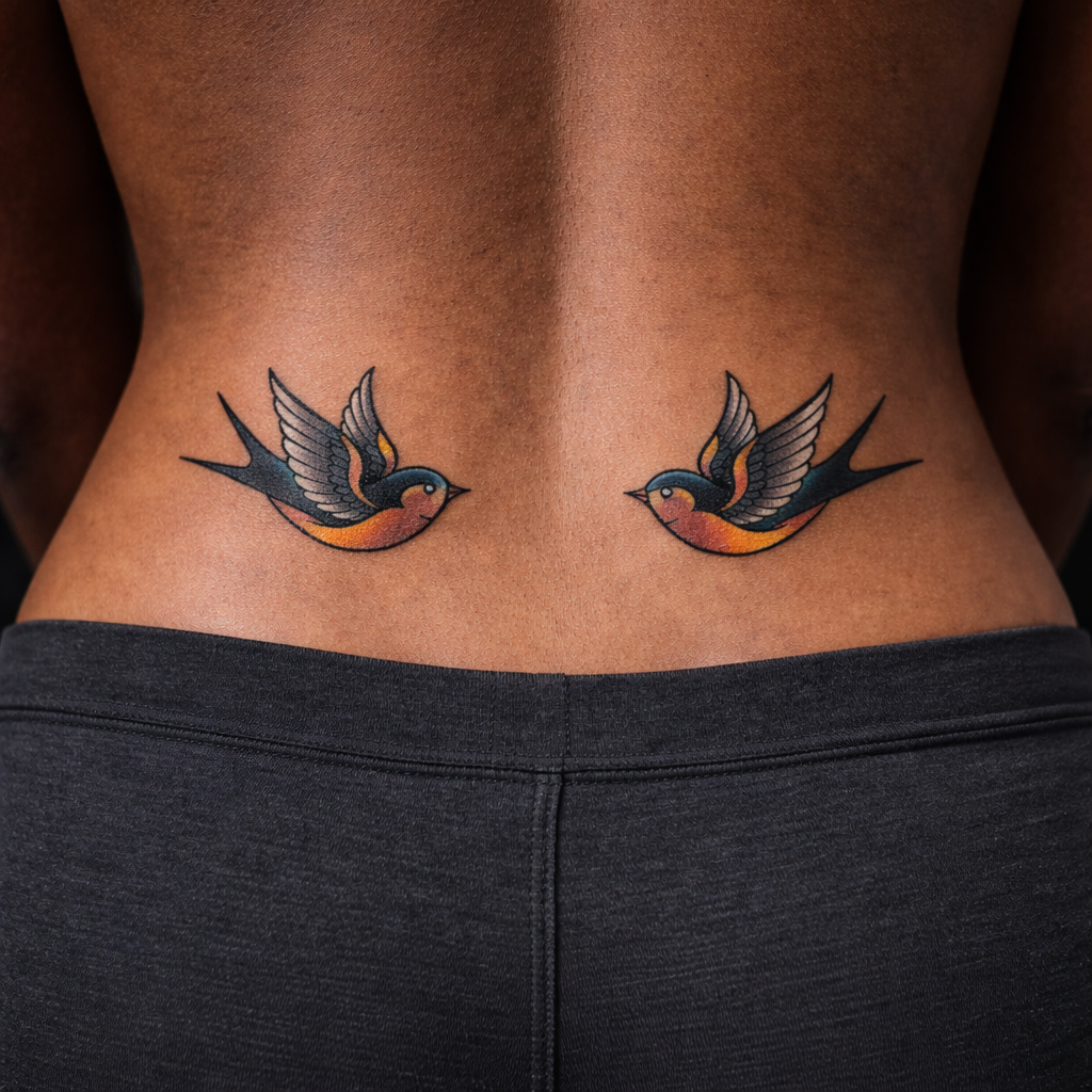 Small neo-traditional swallow tattoos placed symmetrically on the lower back with dark background