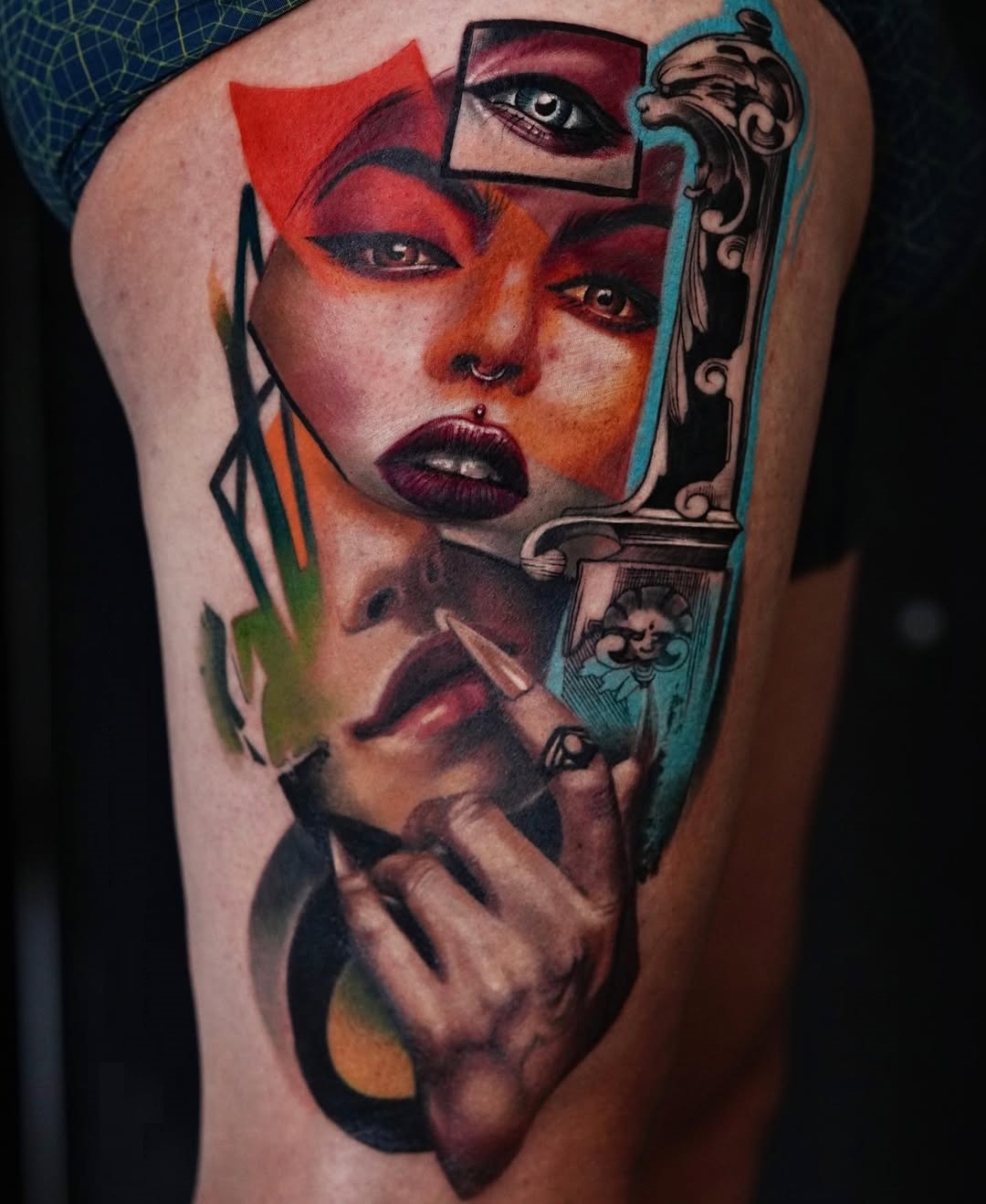 A Neo Trash Polka style thigh tattoo featuring fragmented realistic female portraits, bold red and cyan color splashes, and graphic architectural elements, created at Inknation Studio in NYC.