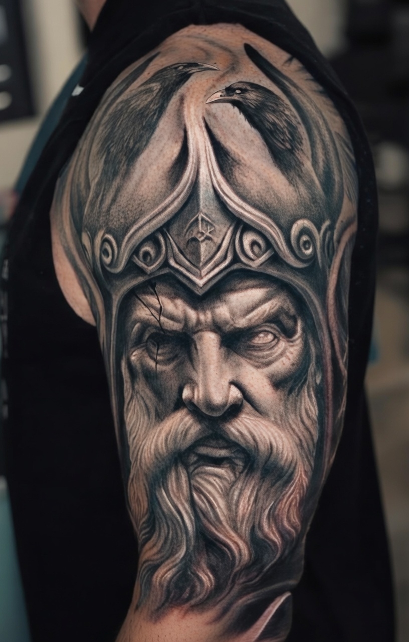 Odin portrait tattoo with Huginn and Muninn ravens – Norse mythology sleeve, Inknation Studio New York City