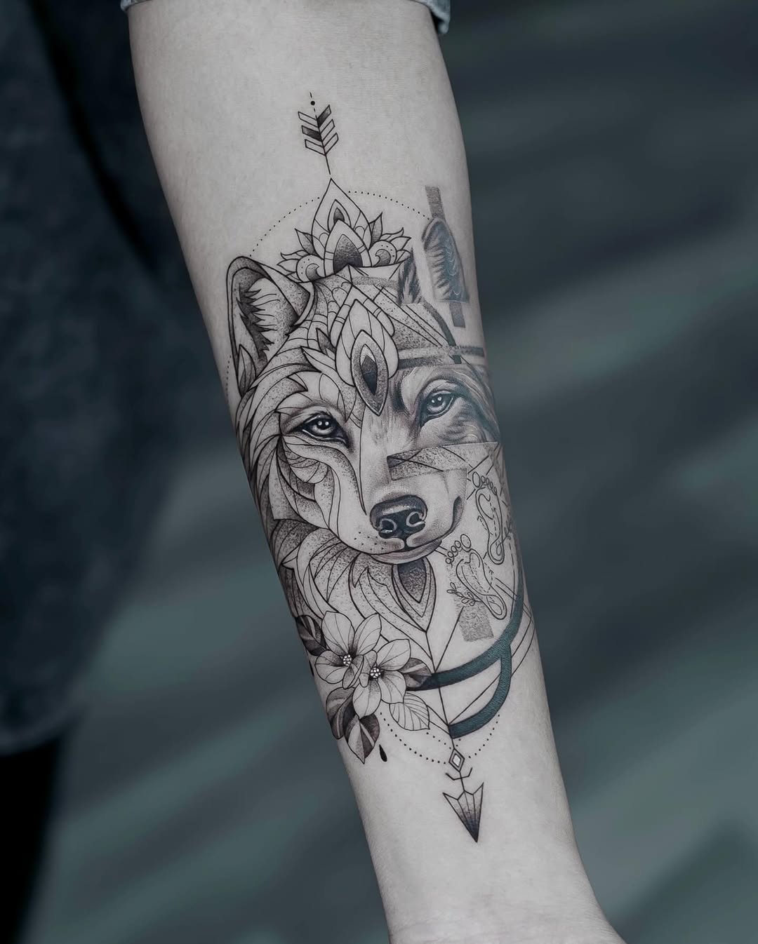 ornamental geometric wolf forearm tattoo.jpg tattoo by Inknation Studio NYC.realism-tattoo-arm