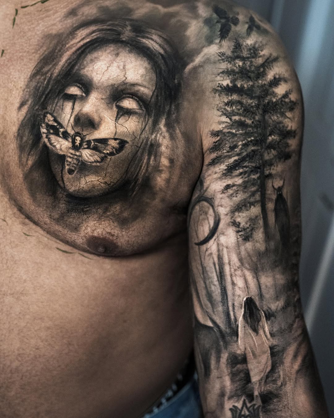 realism chest moth tattoo woman face forest inknation tattoo by Inknation Studio NYC.realism-tattoo-arm