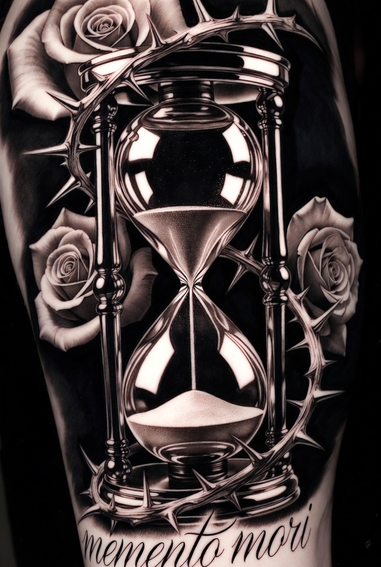 Black and grey realism hourglass tattoo with roses and thorns, memento mori script on arm, Inknation Studio