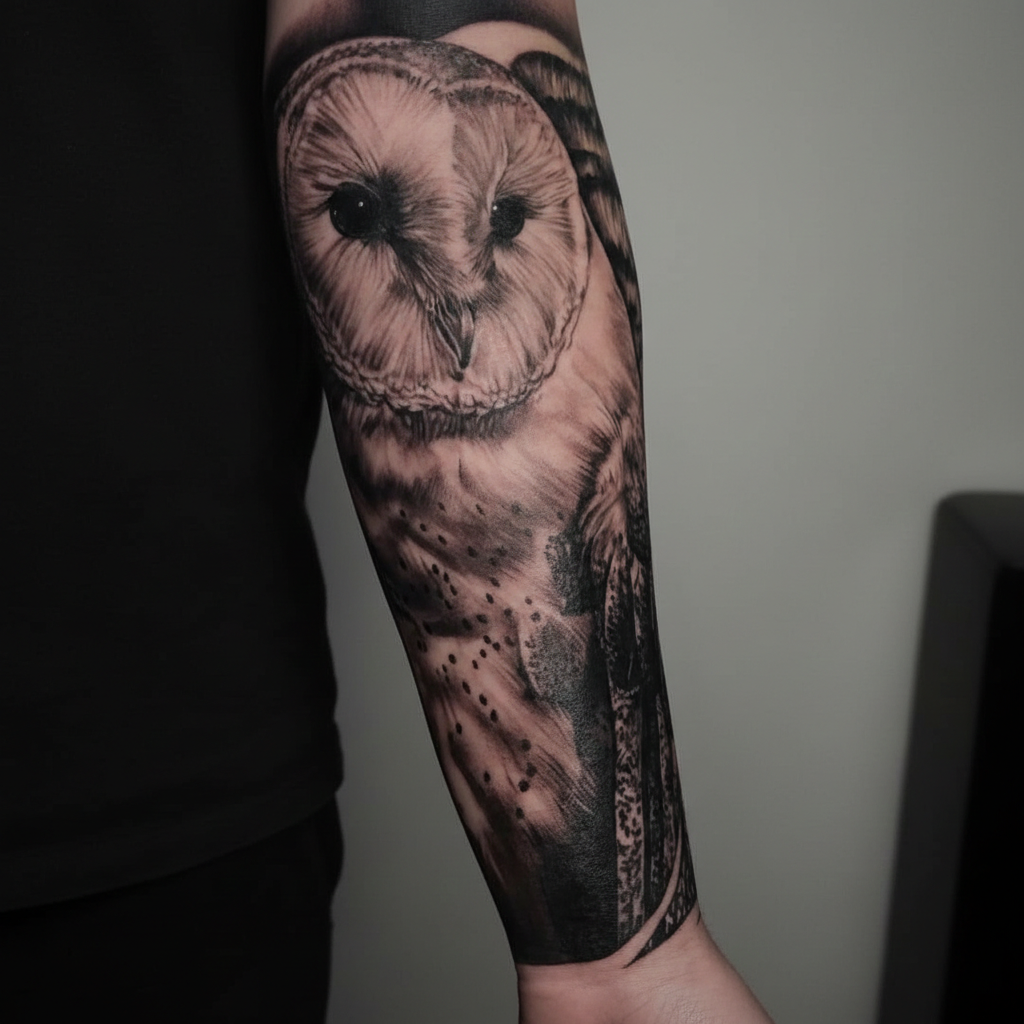 realistic barn owl tattoo nyc inknation studio.jpg tattoo by Inknation Studio NYC.realism-tattoo-arm
