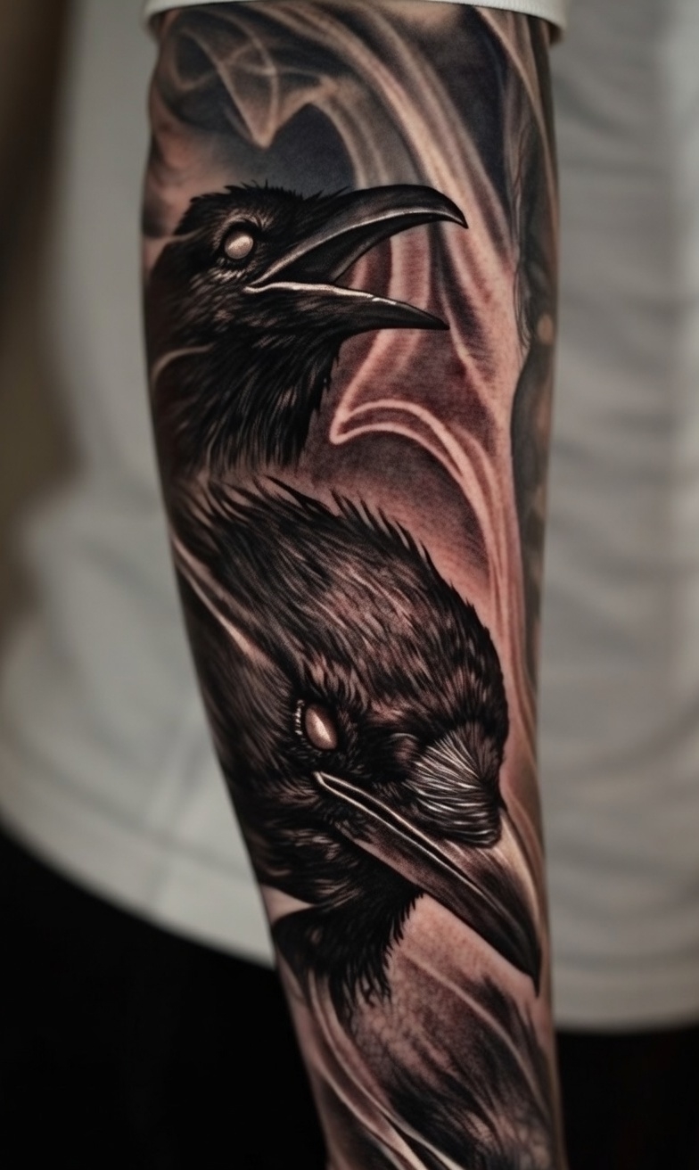 Hyper-realistic close-up raven bird tattoo on forearm | black and grey detailed feathers, Inknation Studio NYC