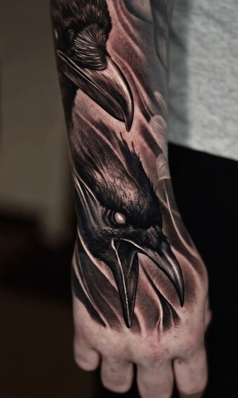 Hyper-realistic black and grey raven tattoo on hand with detailed beak, eye and flowing smoke flames | symbolic intelligence and transformation, Inknation Studio New York City