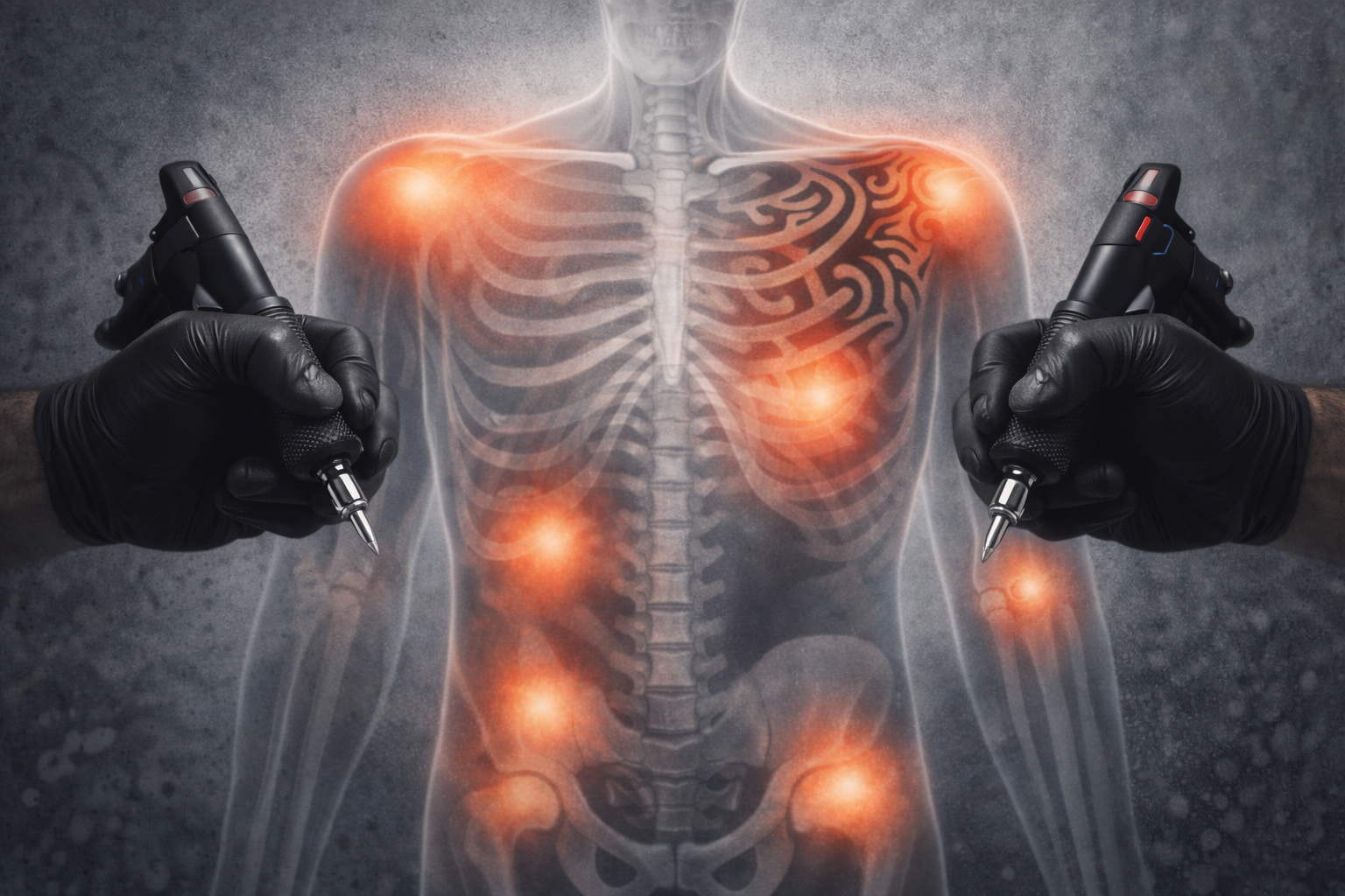 Tattoo pain chart illustration showing pain levels on the human torso, with highlighted areas and tattoo machines representing painful tattoo placements.