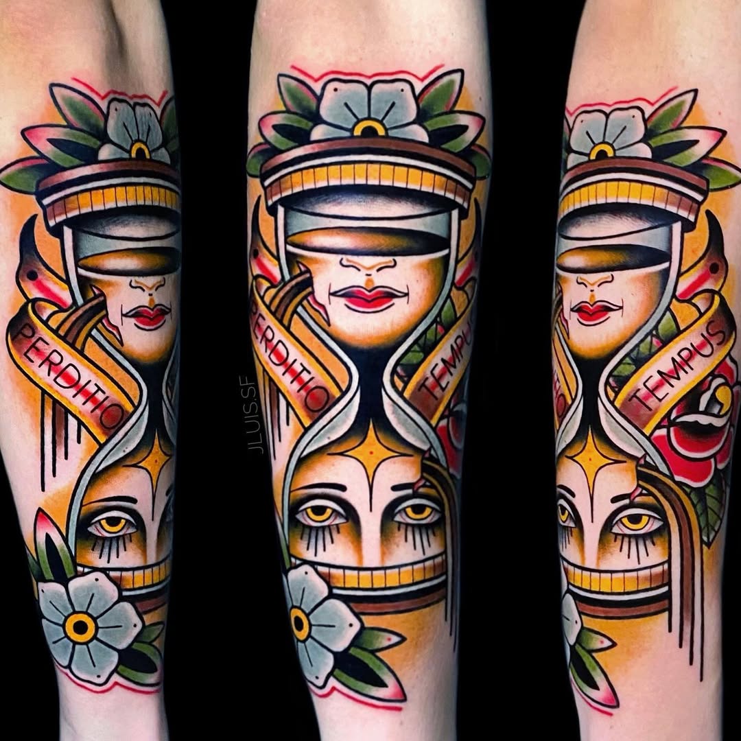Traditional American hourglass tattoo with woman face and Perdito Tempus ribbon on forearm, colorful old school, Inknation Studio
