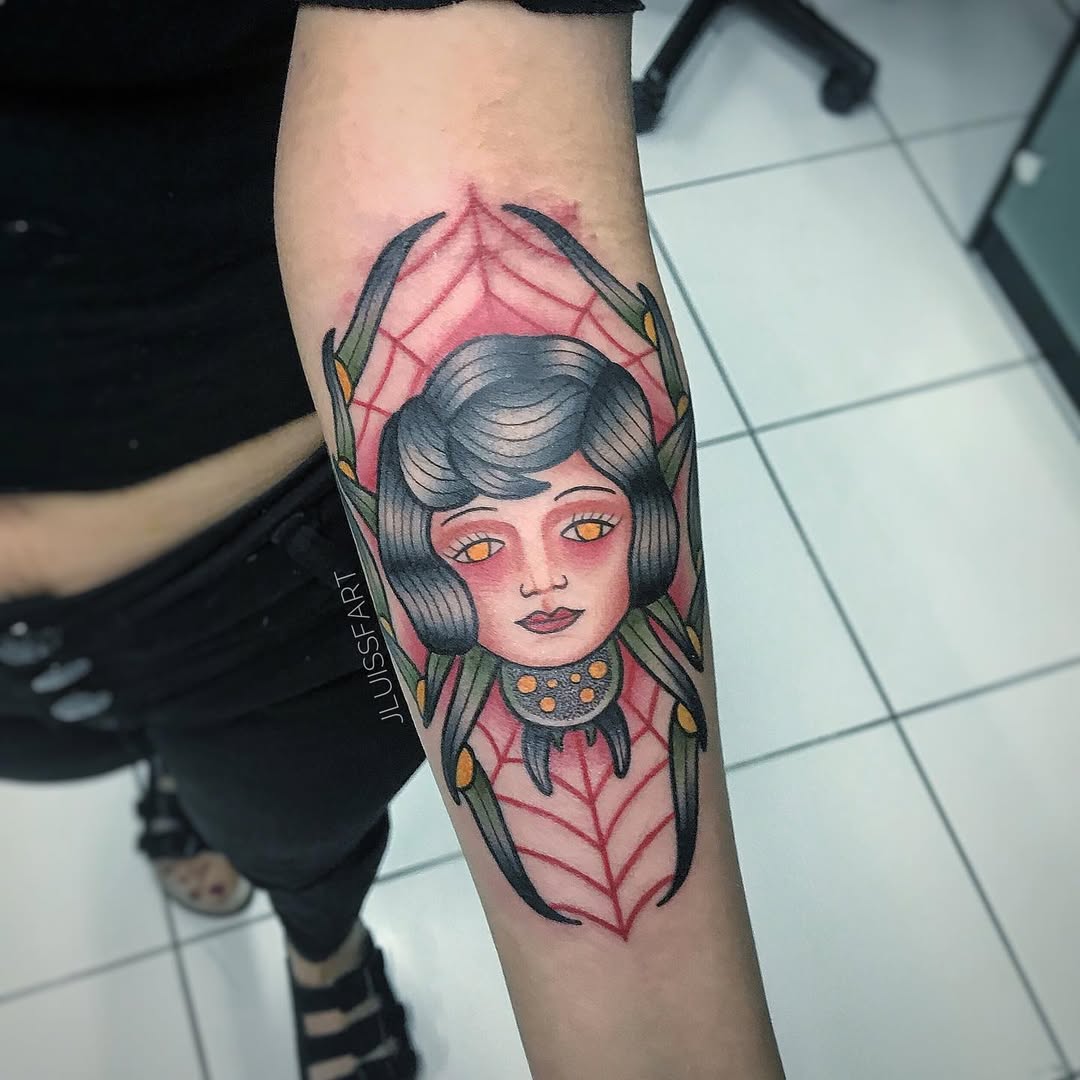 Traditional spider web tattoo with girl face on forearm, colorful illustrative, Inknation Studio
