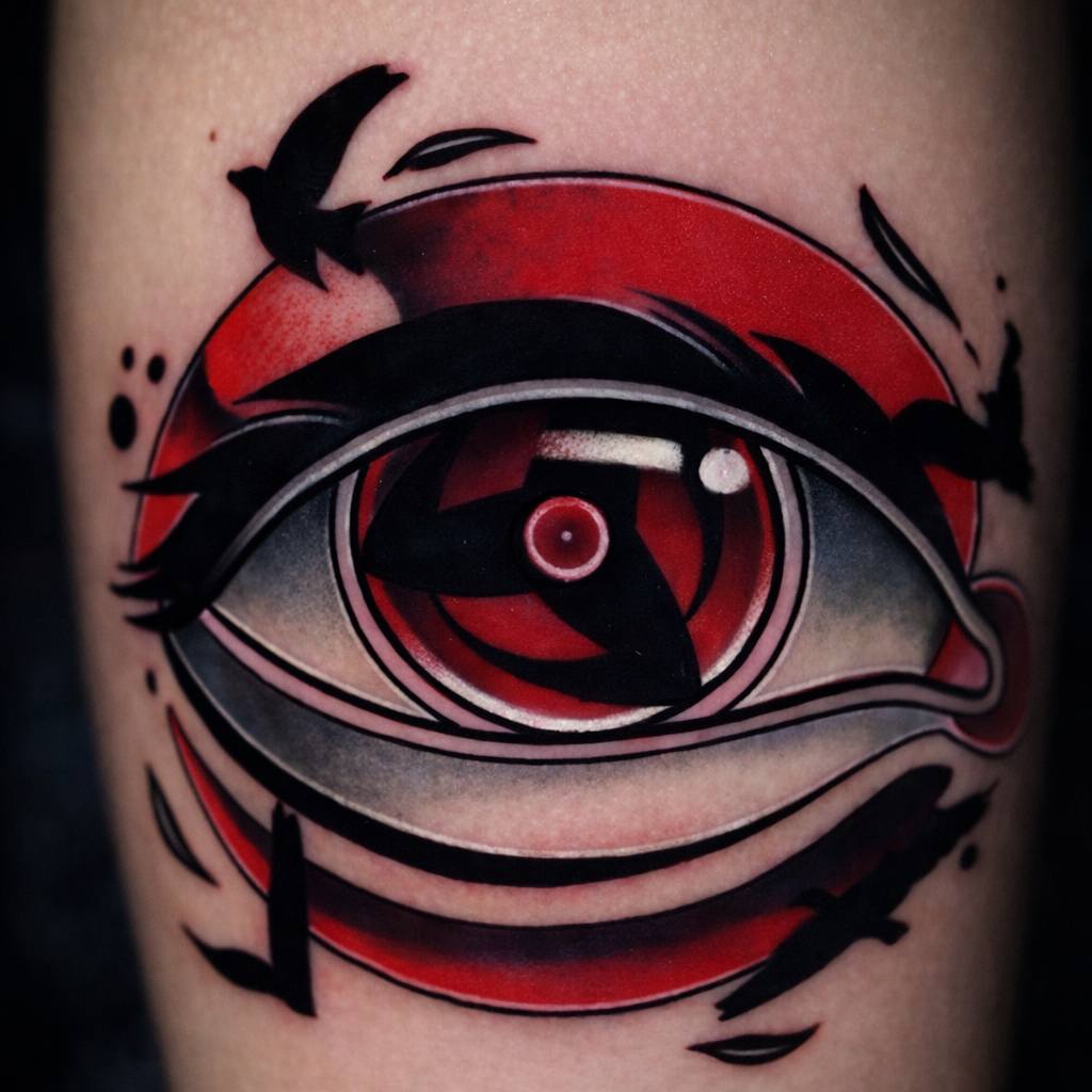 Trash polka eye tattoo with bold red and black graphic elements and abstract brush strokes at Inknation Studio NYC