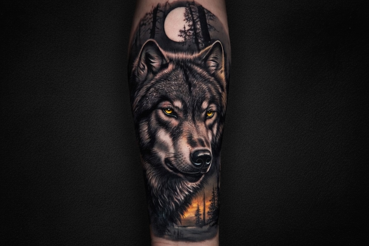 Horizontal black and grey realism wolf tattoo with yellow eyes and forest moon background on a dark backdrop.
