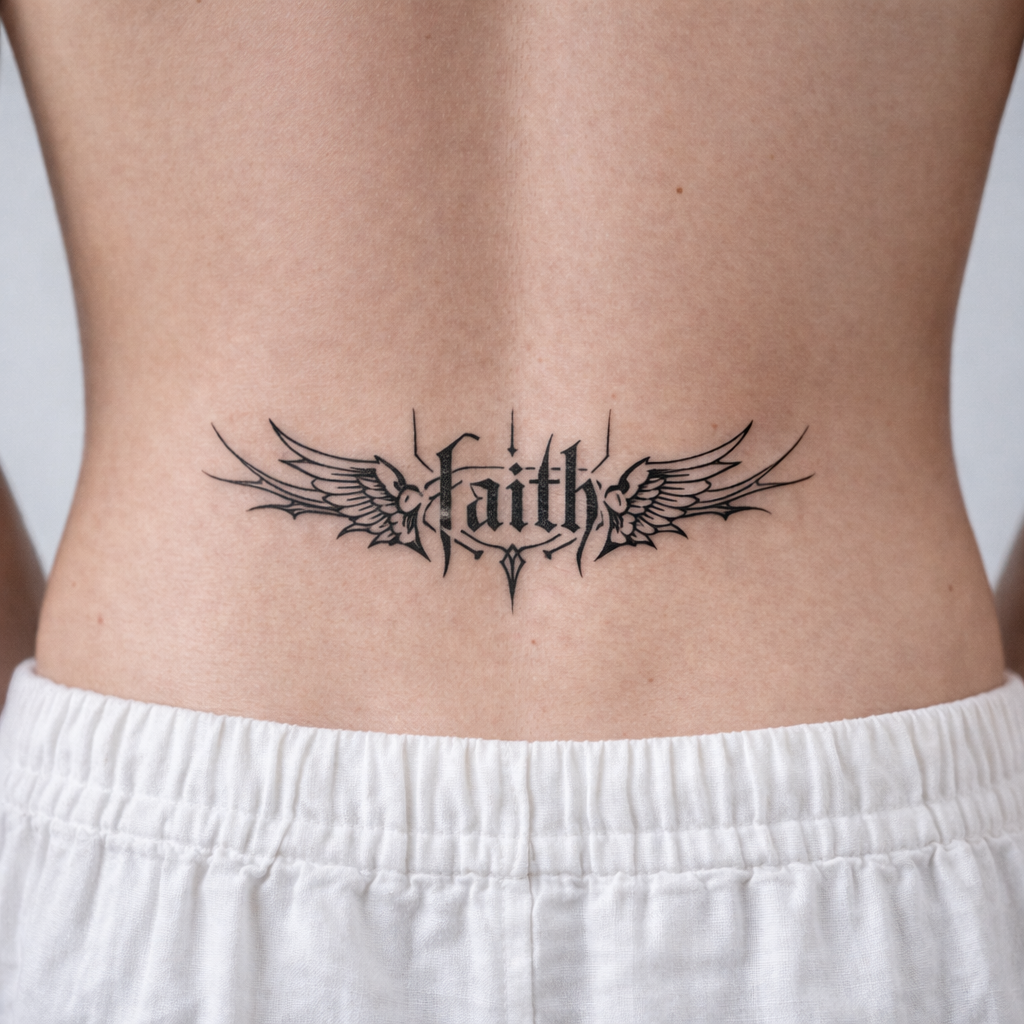 Y2K style fine line cyber sigilism tattoo reading faith on a male lower back above white linen pants